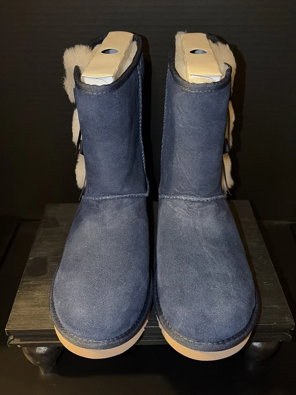 Women's Navy Suede Plush Fur-Trim Mid-Calf Boots